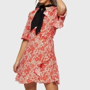 TOPSHOP Scarlet Blooms Orange & white Floral Wrap Tie waist Mini Dress US 8 Tall